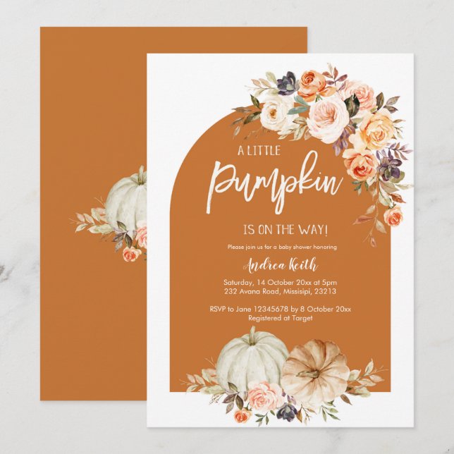 Invitation Boho Arch citrouille brûlé baby shower orange (Devant / Derrière)