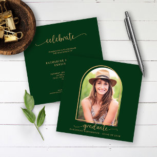 Invitation Boho Arch Dark Green Gold Photo Graduation
