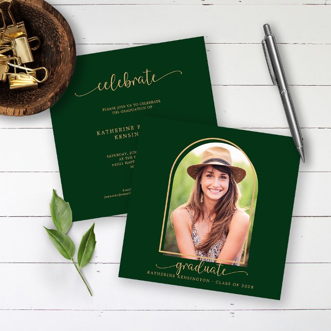 Invitation Boho Arch Dark Green Gold Photo Graduation (Créateur téléchargé)