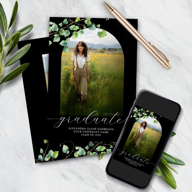 Invitation Boho Arch Ivy, Graduation Noire (Créateur téléchargé)