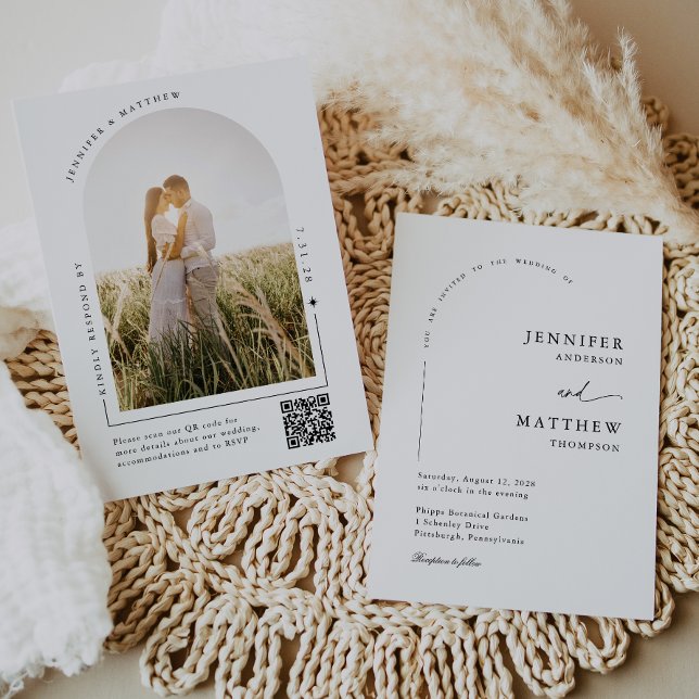 Invitation Boho Arch Mariage simple avec RSVP QR Code (Créateur téléchargé)