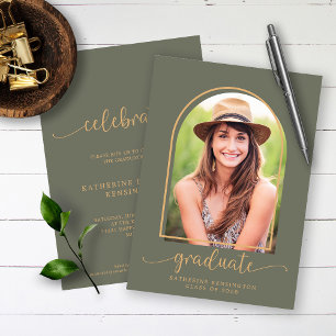 Invitation Boho Arch Minimaliste Vert Gold Photo Graduation
