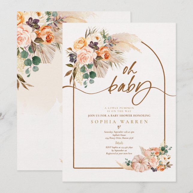 Invitation Boho Arch Pampas Baby shower Citrouille en herbe  (Devant / Derrière)