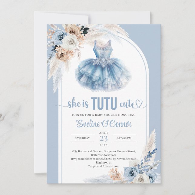 Invitation Boho arch pampas herbe bleu tutu robe Baby shower (Devant)