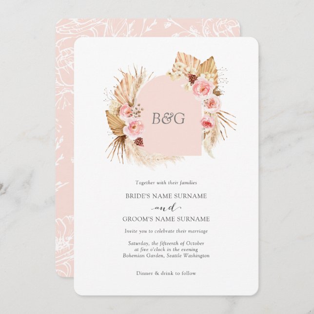 Invitation Boho arch pampas herbe rose pâle mariage initial (Devant / Derrière)