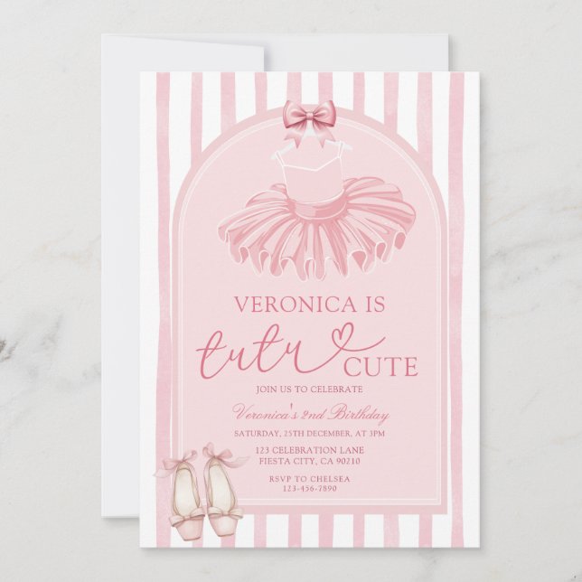 Invitation Boho Arch Pink Bow Tutu Cute Ballerina Birthday (Devant)