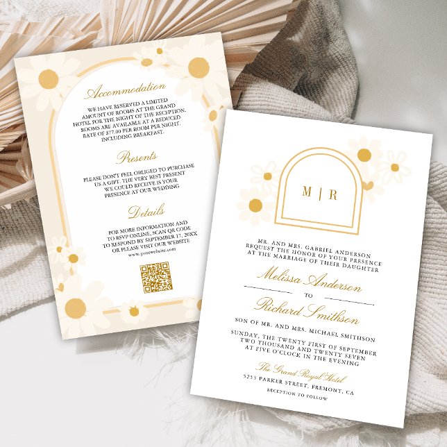 Invitation Boho Arch Retro Yellow Daisy All in One Wedding (Créateur téléchargé)