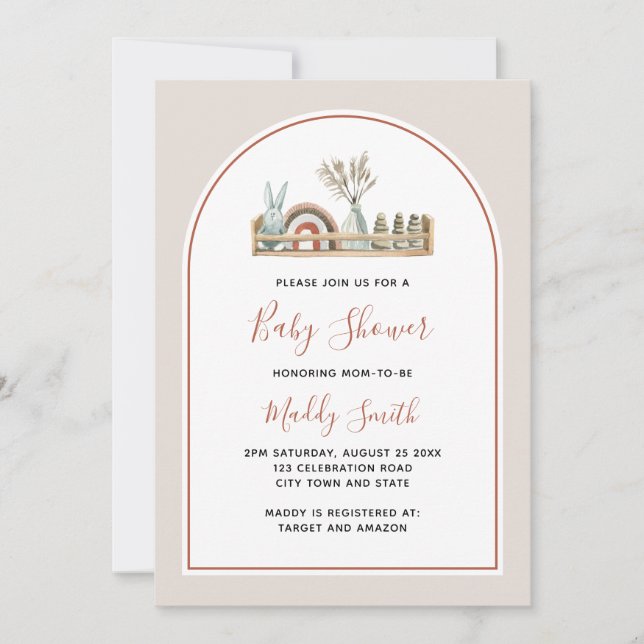 Invitation Boho Arch Toys Terracotta Rainbow Baby shower (Devant)