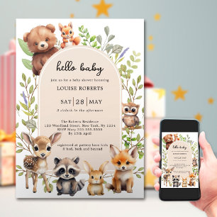 Invitation Boho Arch Végétal Bois Baby shower Animaux