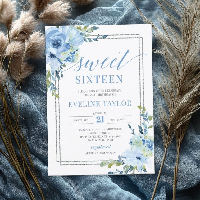 Invitation Boho argent géométrique bleu sweet sixteen floral (Boho silver geometric blue floral sweet sixteen invitation)