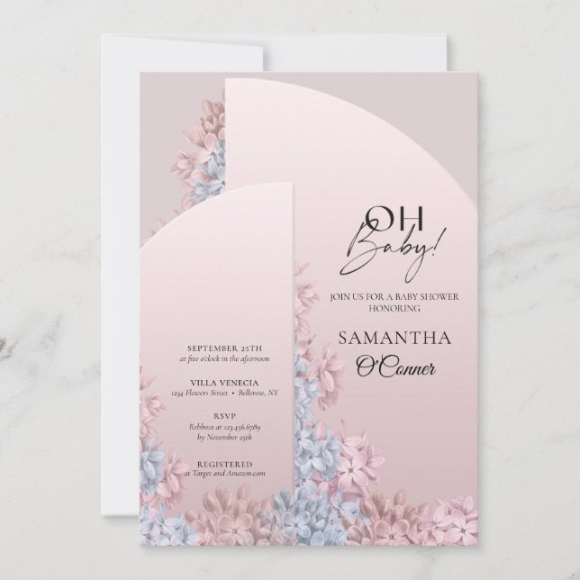 Invitation Boho arqué cadre poudre hyacinthes roses oh bébé (Devant)