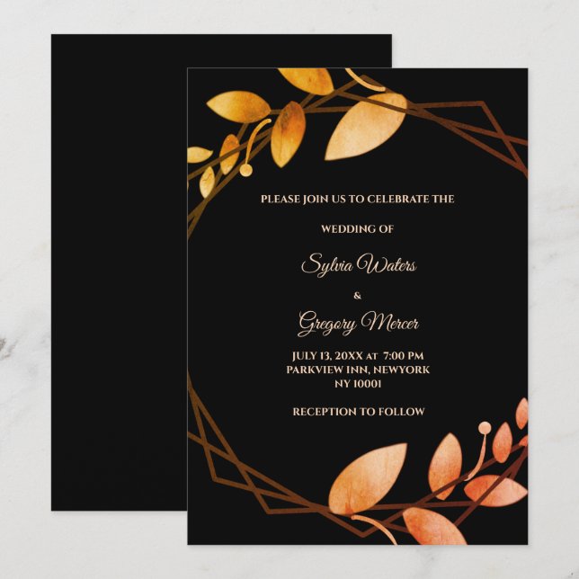 Invitation Boho automne botanique cadre or mariage (Devant / Derrière)