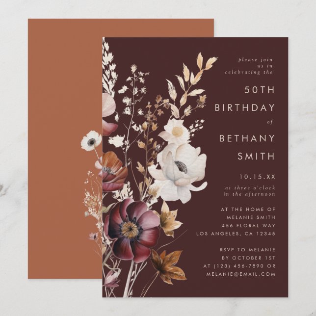 Invitation Boho Automne Fleur sauvage Brown Anniversaire (Devant / Derrière)