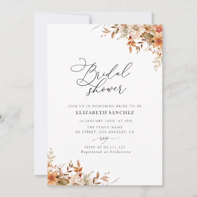 Invitation boho automne fleurs florales nuptiale douche (Devant)
