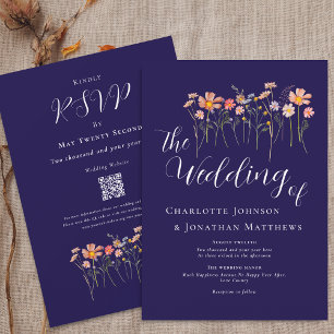 Invitation Boho Automne Fleurs Sauvages Bleu Nuit Terracotta