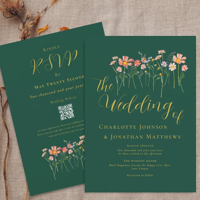 Invitation Boho Automne Fleurs Sauvages Vert Foncé Or Rouille (Boho fall Wildflower meadow dark green & gold Wedding qr code invitation Elegant script watercolor)