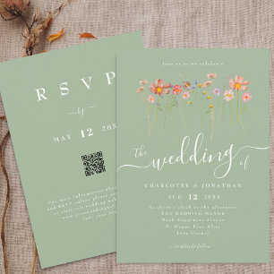 Invitation Boho Automne Fleurs Sauvages Vert Sauge Code QR Ma