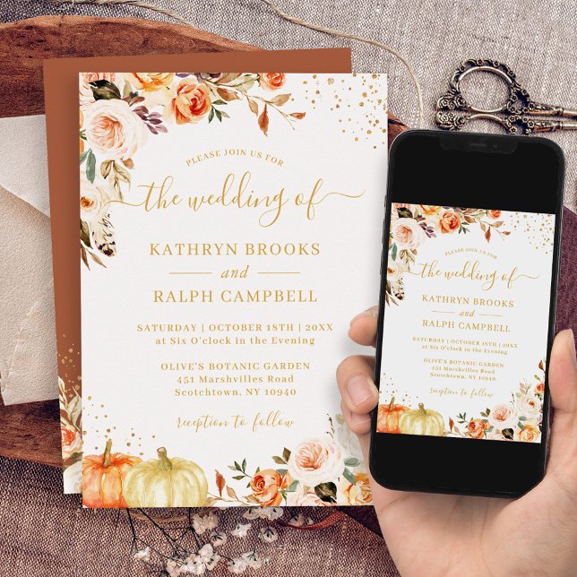 Invitation Boho Automne Floral Terracotta Gold Citrouille Mar (Perfect for couples seeking a boho-chic wedding theme with a touch of autumnal charm.)