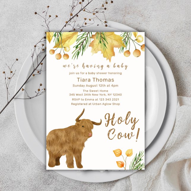 Invitation Boho Automne Saint-Vache Highland Cow Baby shower (Fall Boho Holy Cow Highland Cow Baby Shower Invitation)