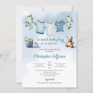 Invitation Boho Baby Boy Clothesline eucalyptus ours en peluc