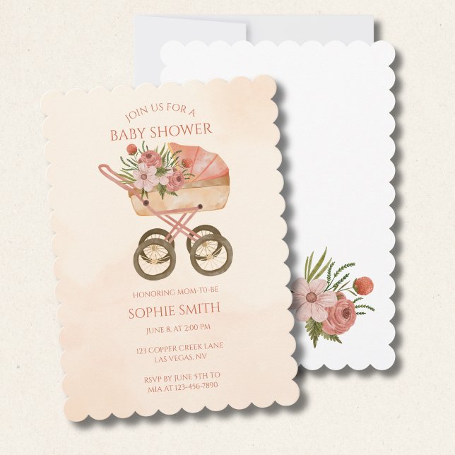 Invitation Boho Baby Carriage Aquarelle Baby shower floral (Créateur téléchargé)
