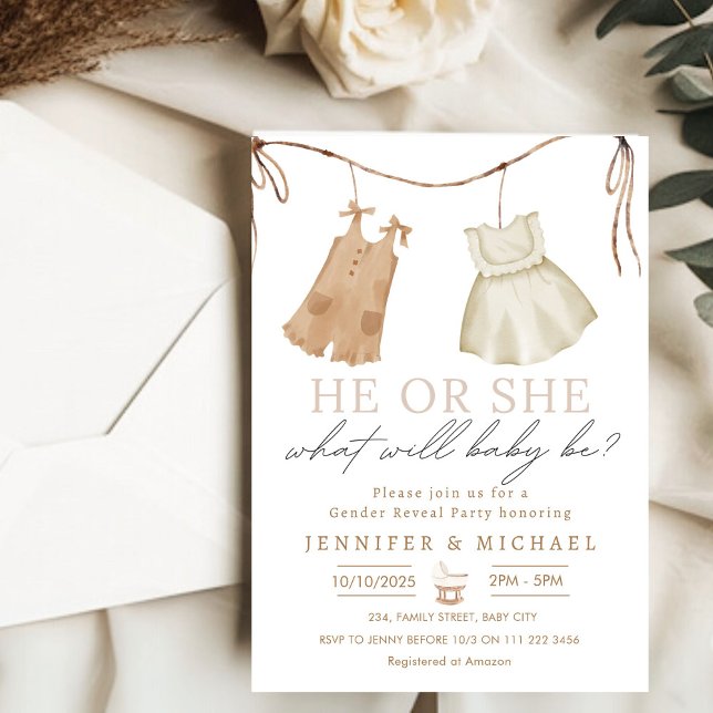 Invitation Boho Baby Clothes Révélation de genre (Boho Baby Clothes Gender Reveal Invitation)