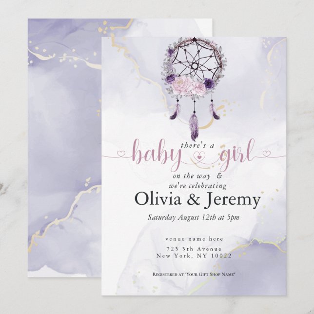Invitation BOHO Baby Girl Amethyst Dusty Rose Dreamcatcher (Devant / Derrière)