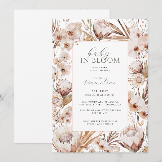 Invitation Boho Baby In Bloom Baby shower Fleur sauvage (Devant / Derrière)