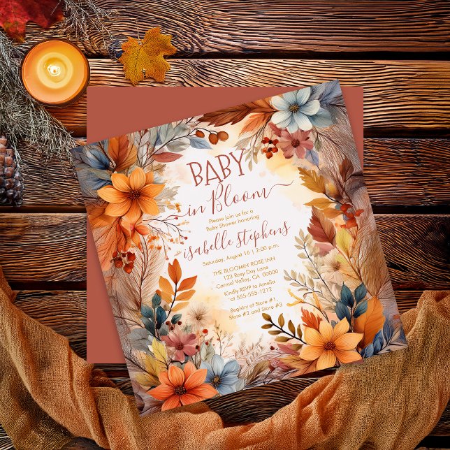 Invitation Boho Baby in Bloom Fall Floral Frame Baby Shower (Boho Baby in Bloom Fall | Autumn Floral Frame Baby Shower Square Invitation - Print | Digital )