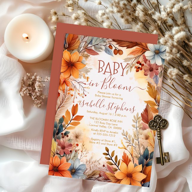 Invitation Boho Baby in Bloom Fall Floral Frame Baby shower (Boho Baby in Bloom Fall Floral Frame Baby Shower Invitation - Dusky Rose - Print | Digital Download)