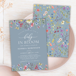 Invitation Boho Baby in Bloom Fleur sauvage Baby shower bleu