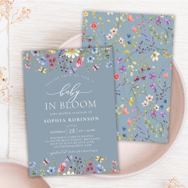 Invitation Boho Baby in Bloom Fleur sauvage Baby shower bleu (Créateur téléchargé)