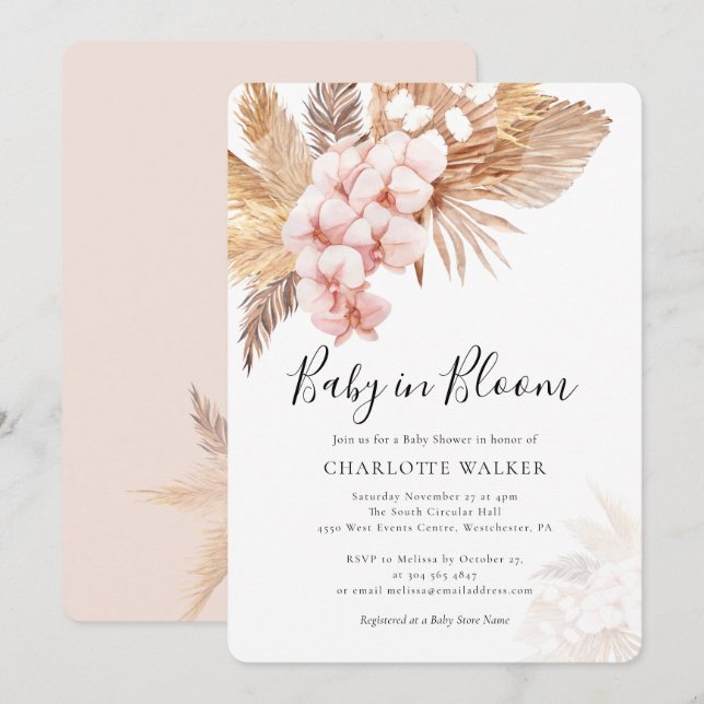 Invitation Boho Baby in Bloom Pampas Pailé Rose Floral Douche (Devant / Derrière)