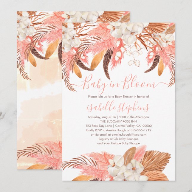 Invitation Boho Baby in Bloom Pampas Rose Baby shower en herb (Devant / Derrière)