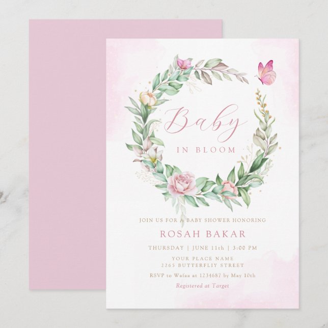 Invitation Boho Baby moderne en fleur Floral fille baby showe (Devant / Derrière)