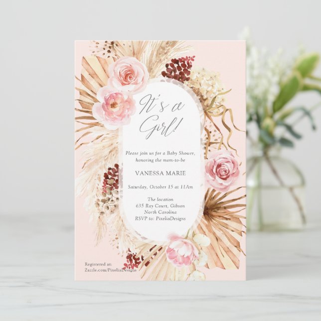 Invitation Boho Baby shower c'est une Girl rose pampas à fleu (Debout devant)