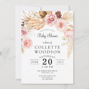 Invitation Boho Baby shower Floral Blush Crème rose