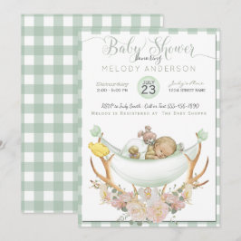 Invitation BOHO Baby shower Green Hammock Antler avec Roses