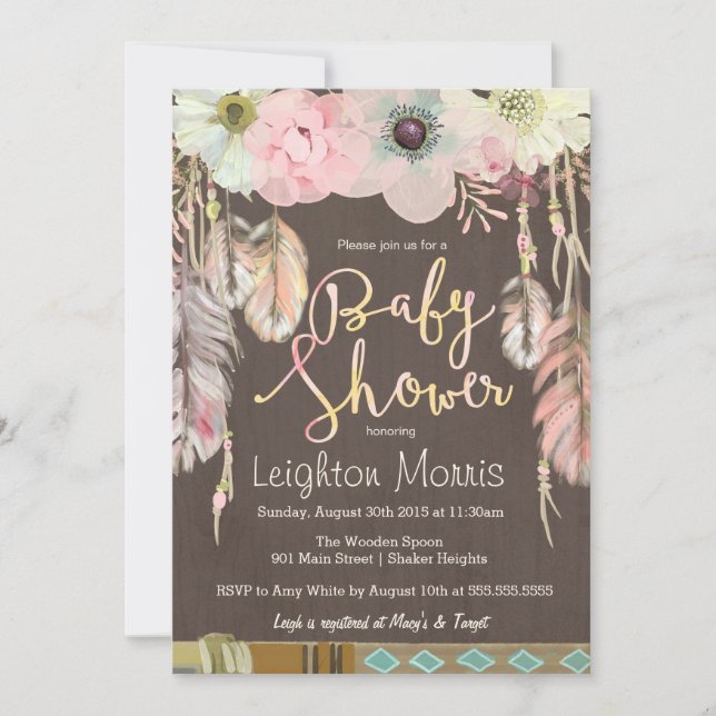 Invitation Boho Baby shower Invitation, Plumes Tribales Rusti (Devant)