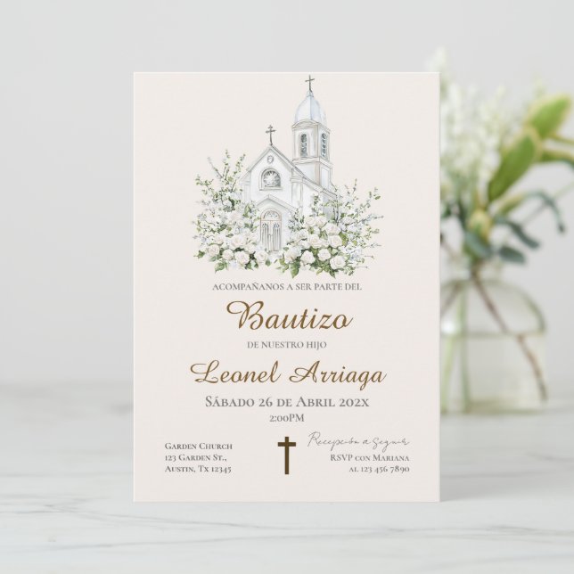 Invitation Boho Baptism in Spanish with church (Debout devant)