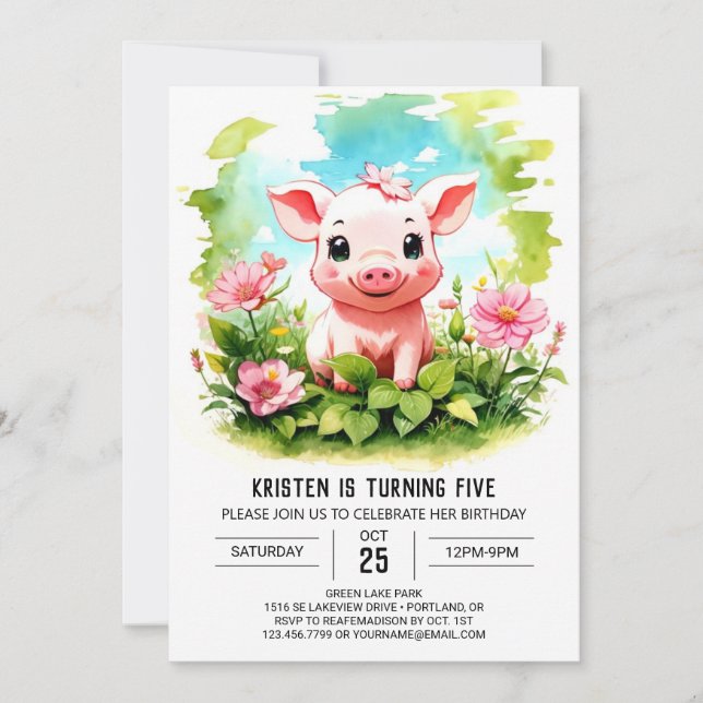 Invitation Boho Barnyard Adventures Piglet Girl Birthday (Devant)