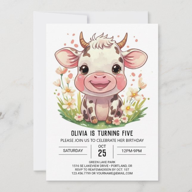 Invitation Boho Barnyard Vache rose Anniversaire (Devant)