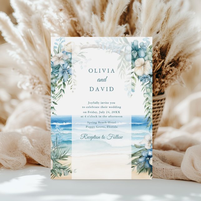 Invitation Boho Beach Aquarelle Floral Arch Mariage (Boho Beach Watercolor Floral Arch Wedding Invitation on a sunny table with white pampas grass)