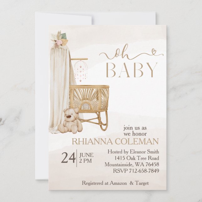 Invitation boho Bear pampas herbe baby shower fleuri (Devant)