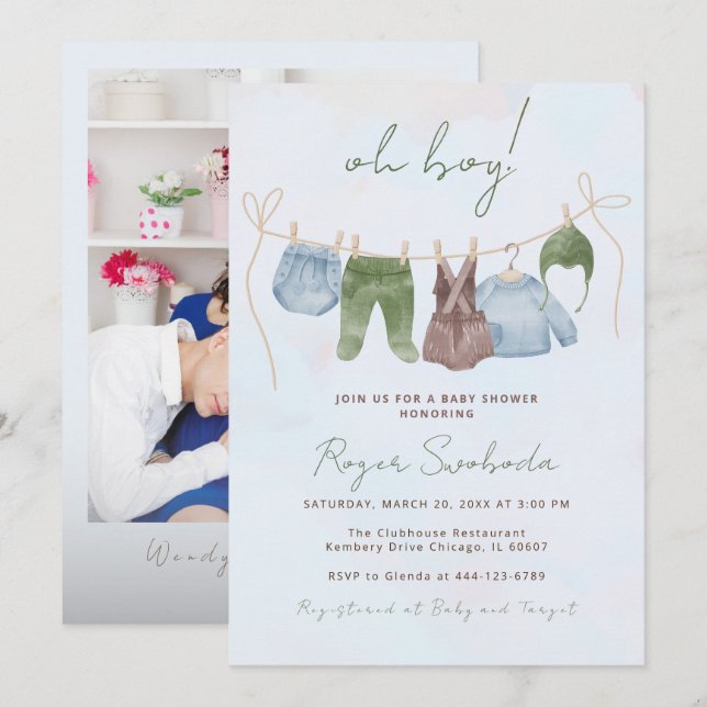 Invitation Boho bébé vêtements doux bébé garçon baby shower (Devant / Derrière)