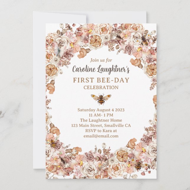 Invitation Boho Bee Aquarelle Fleur sauvage Premier Jour d'Ab (Devant)