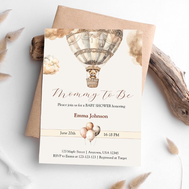 Invitation Boho Beige Bear Hot Air Ballods Baby shower nuages (Boho Beige Bear Hot Air Balloon Clouds Baby Shower Invitation)