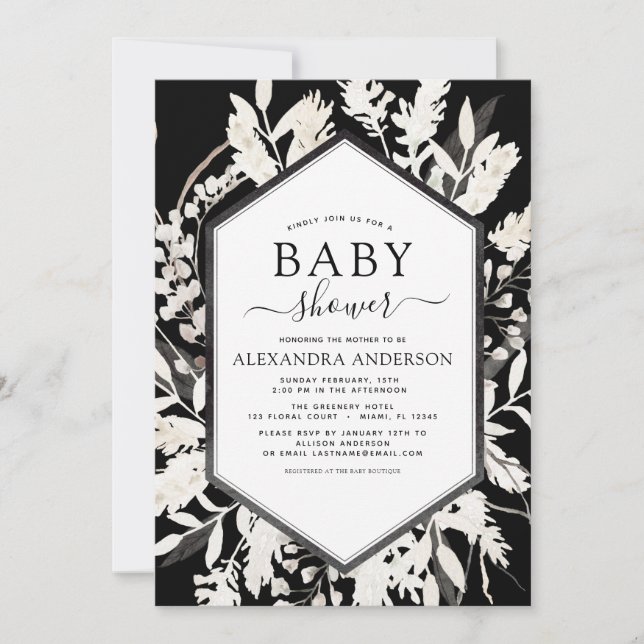 Invitation Boho Beige Black Baby shower botanique (Devant)