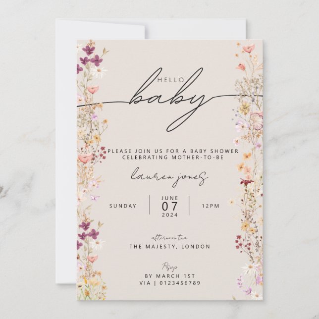 Invitation Boho Beige Fleur sauvage Floral Hello Baby shower (Devant)