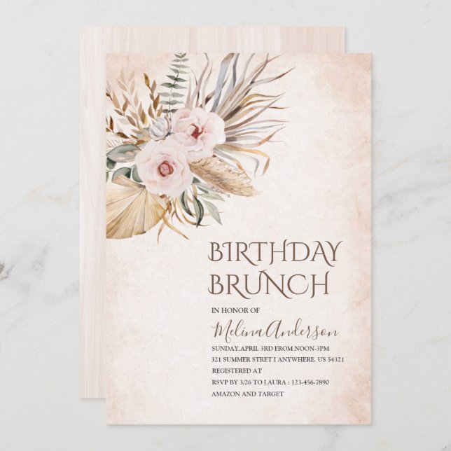 Invitation Boho Beige Fleurs d'aquarelle d'anniversaire brunc (Devant / Derrière)